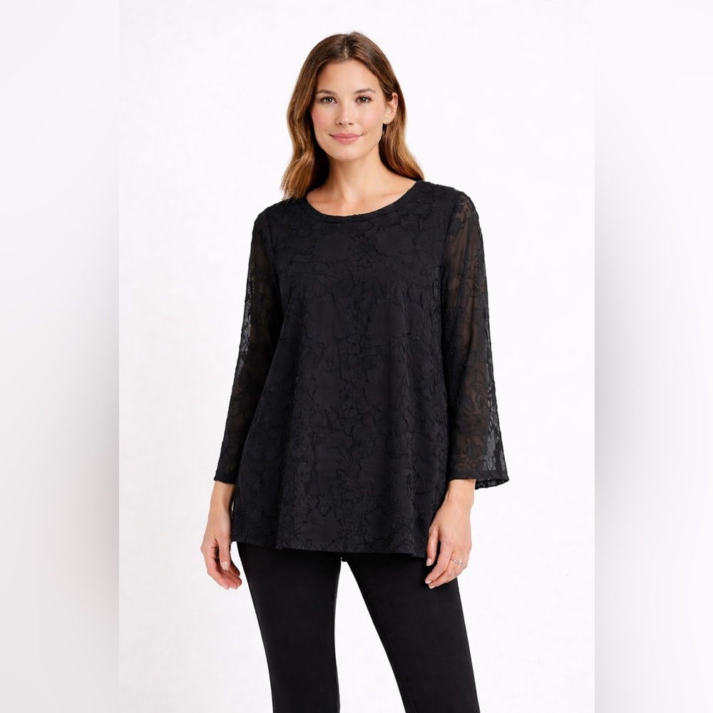 Susan Graver Black Burnout Tunic Blouse Lined Floral Tie Back M QVC
